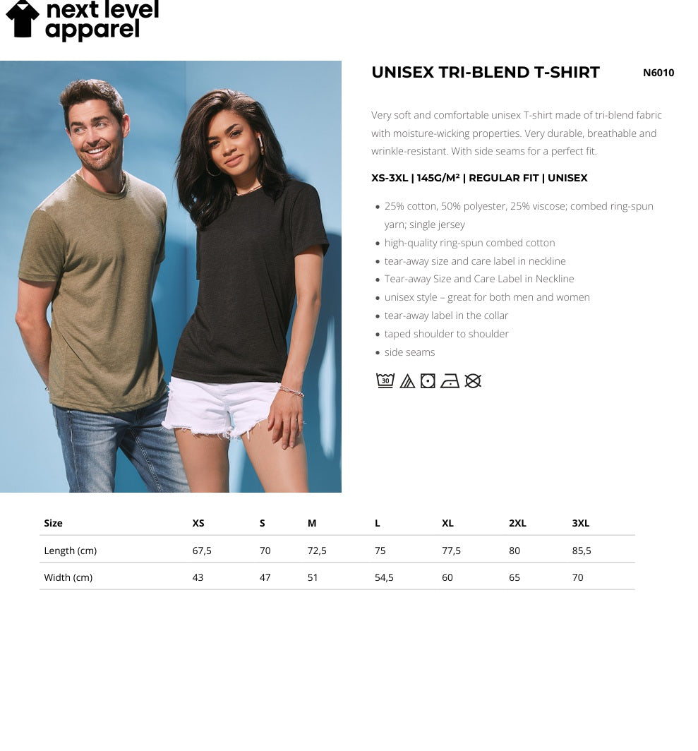 Next Level Unisex Tri Blend Regular Fit T-Shirt XS - 3XL