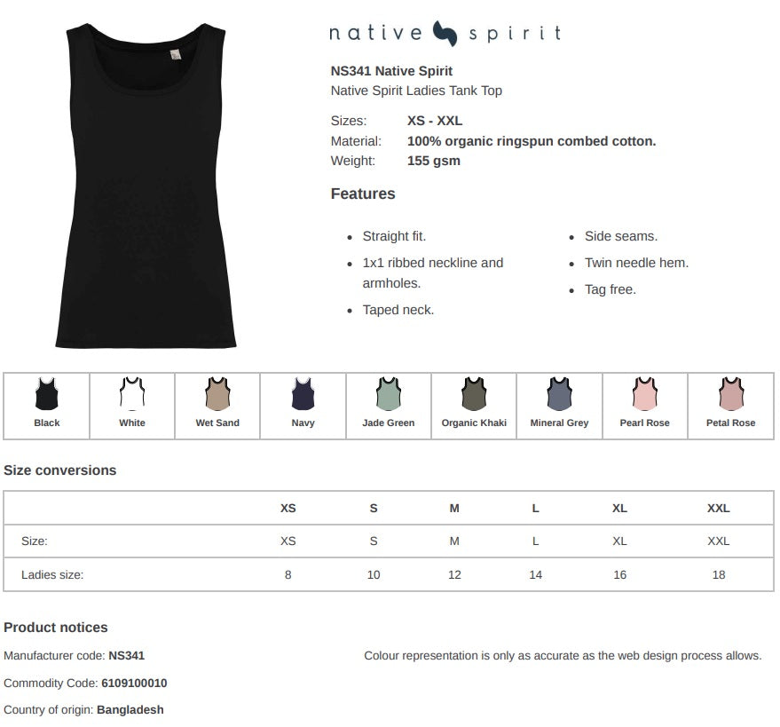 Native Spirit Ladies Organic Cotton Tank Top Vest Sleeveless T-Shirt