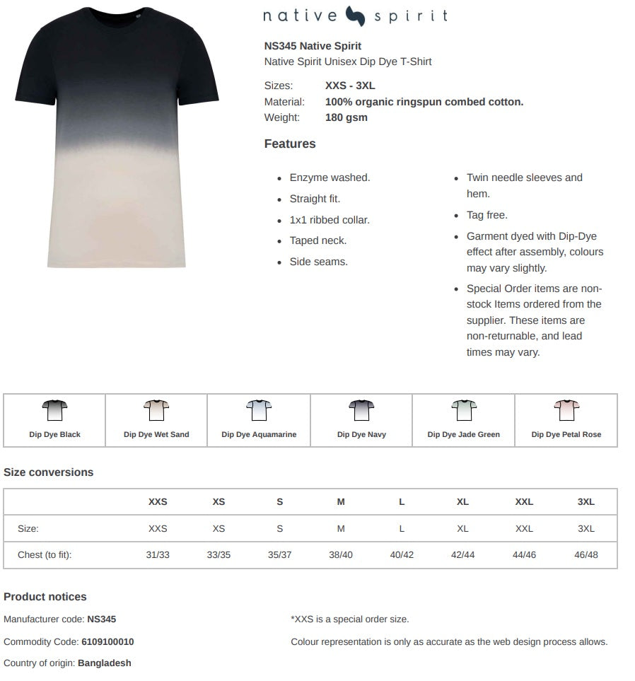 Native Spirit Unisex Dip Dye Two Tone Organic Cotton T-Shirt