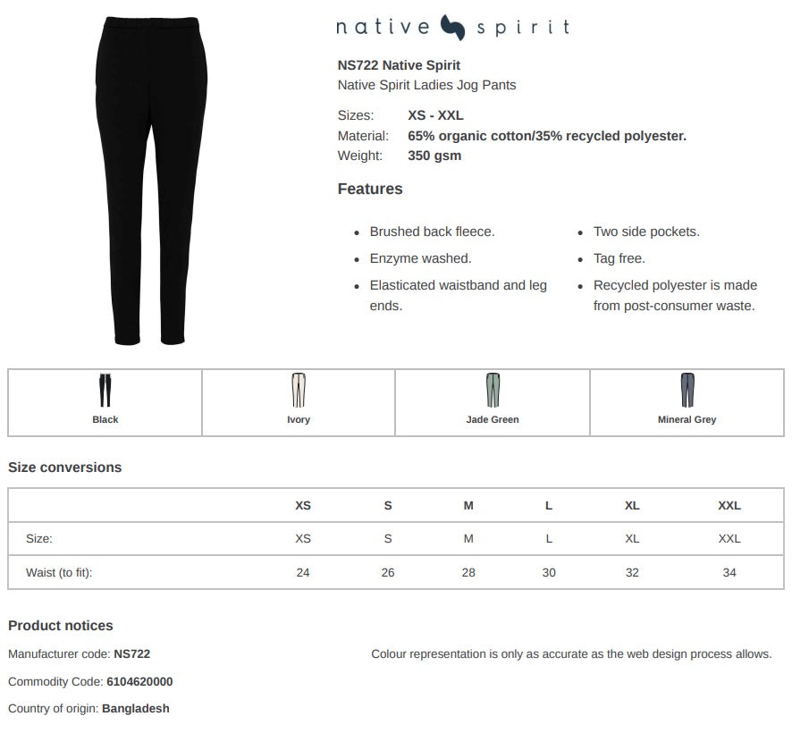 Native Spirit Ladies Organic Cotton/Recycled Polyester Joggers