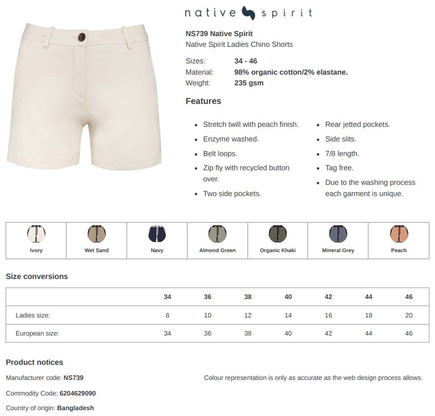 Native Spirit Ladies Organic Cotton Chino Shorts