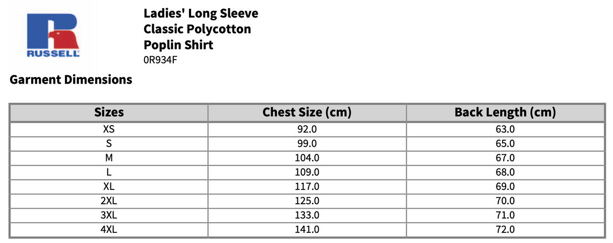 Russell Ladies Long Sleeve Easy Care Poplin Shirt Blouse