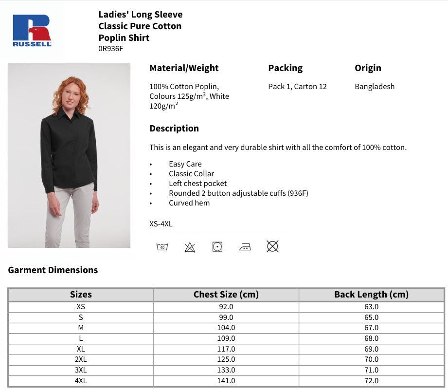 Russell Collection Ladies Long Sleeve Easy Care Cotton Poplin Shirt Blouse