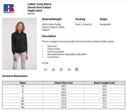 Russell Collection Ladies Long Sleeve Easy Care Cotton Poplin Shirt Blouse