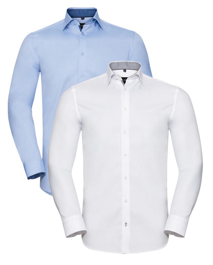 Russell Collection Long Sleeve Contrast Herringbone Shirt