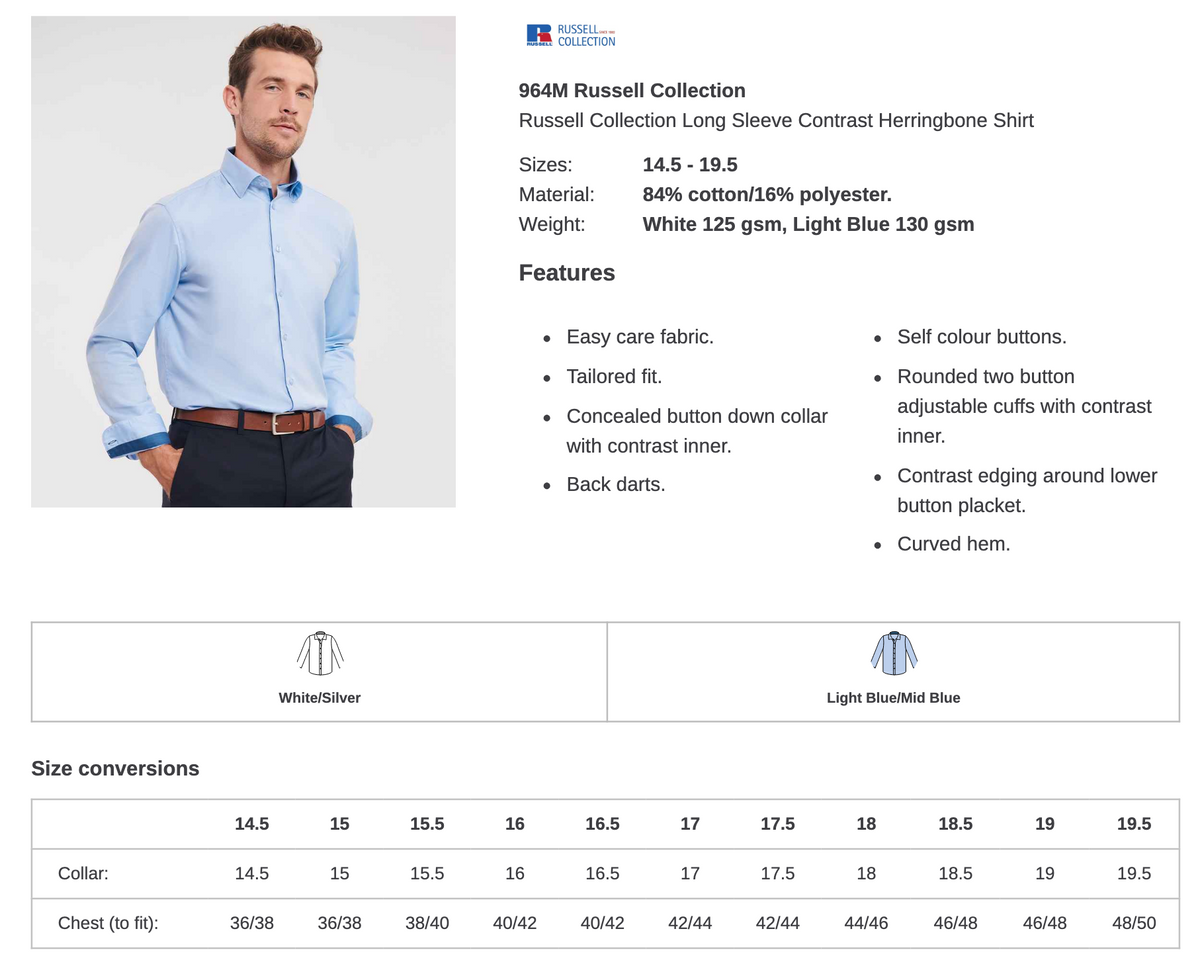 Russell Collection Long Sleeve Contrast Herringbone Shirt