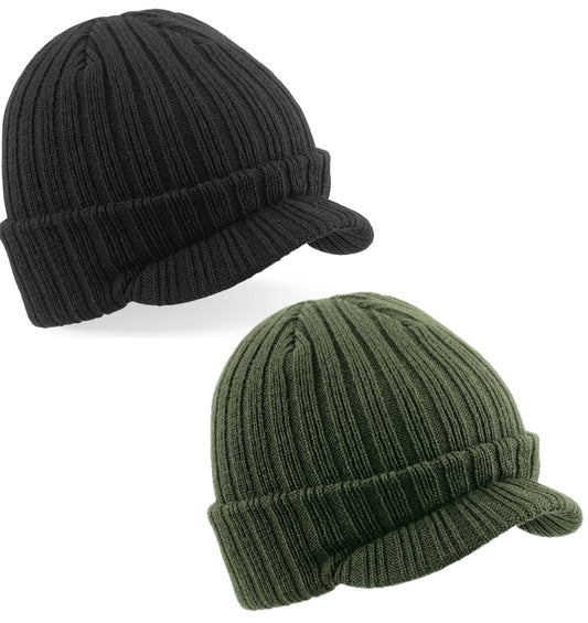 Beechfield Double Layer Soft Touch Peaked Beanie Ski Hat Curved Peak