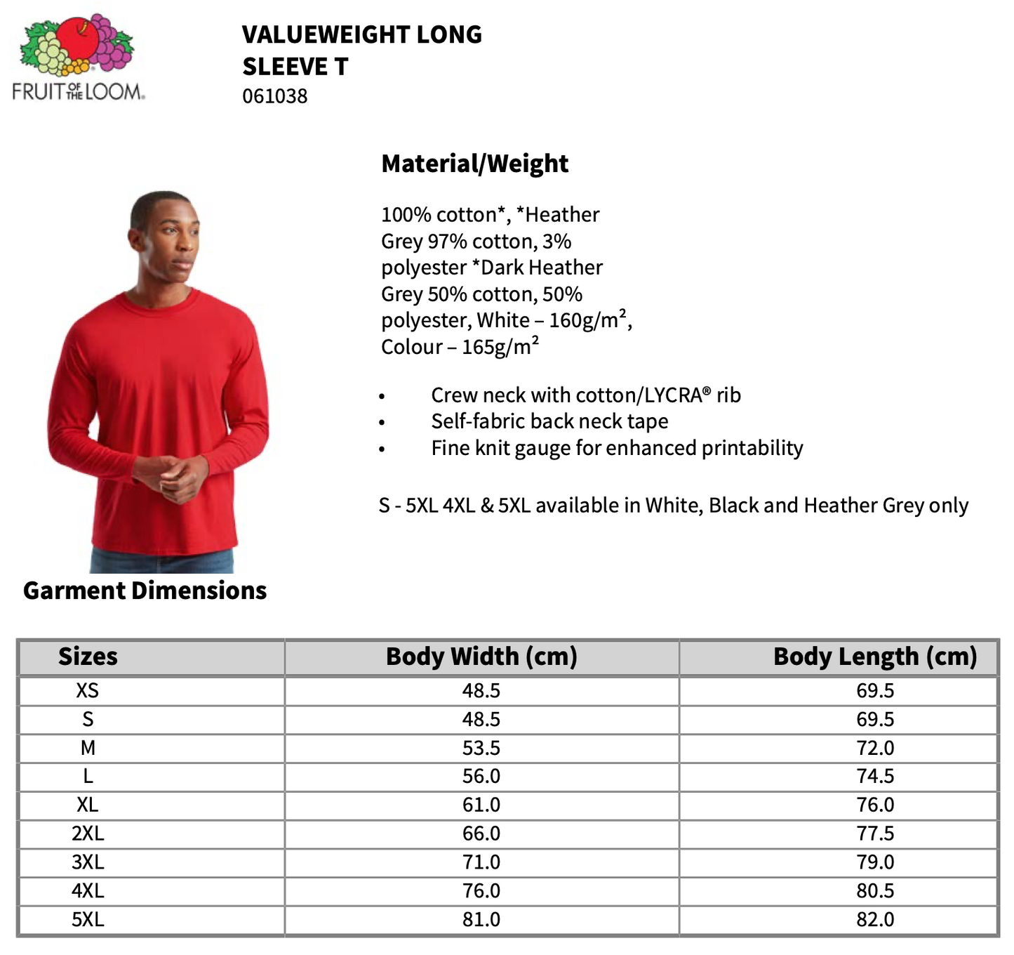Fruit of the Loom Long Sleeve Value T Shirt