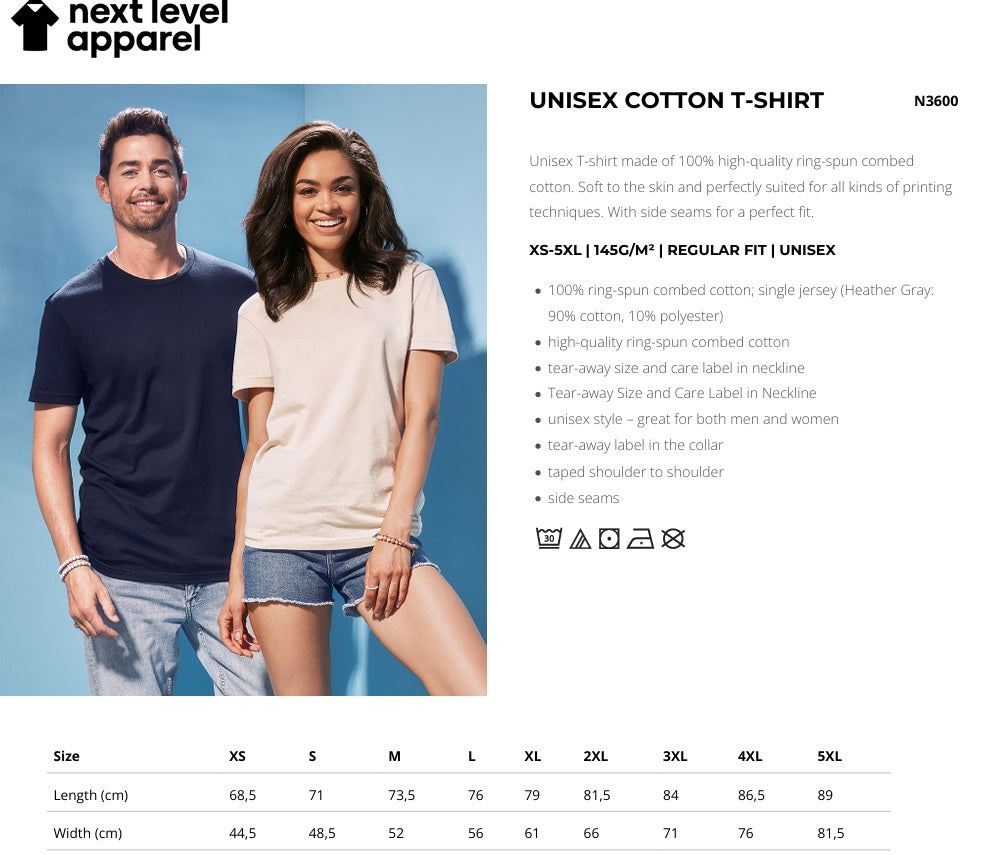 Next Level Apparel Unisex Cotton Crew Neck T-Shirt M-XL