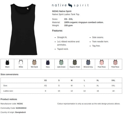 Native Spirit Ladies Organic Cotton Tank Top Vest Sleeveless T-Shirt
