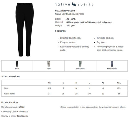 Native Spirit Ladies Organic Cotton/Recycled Polyester Joggers